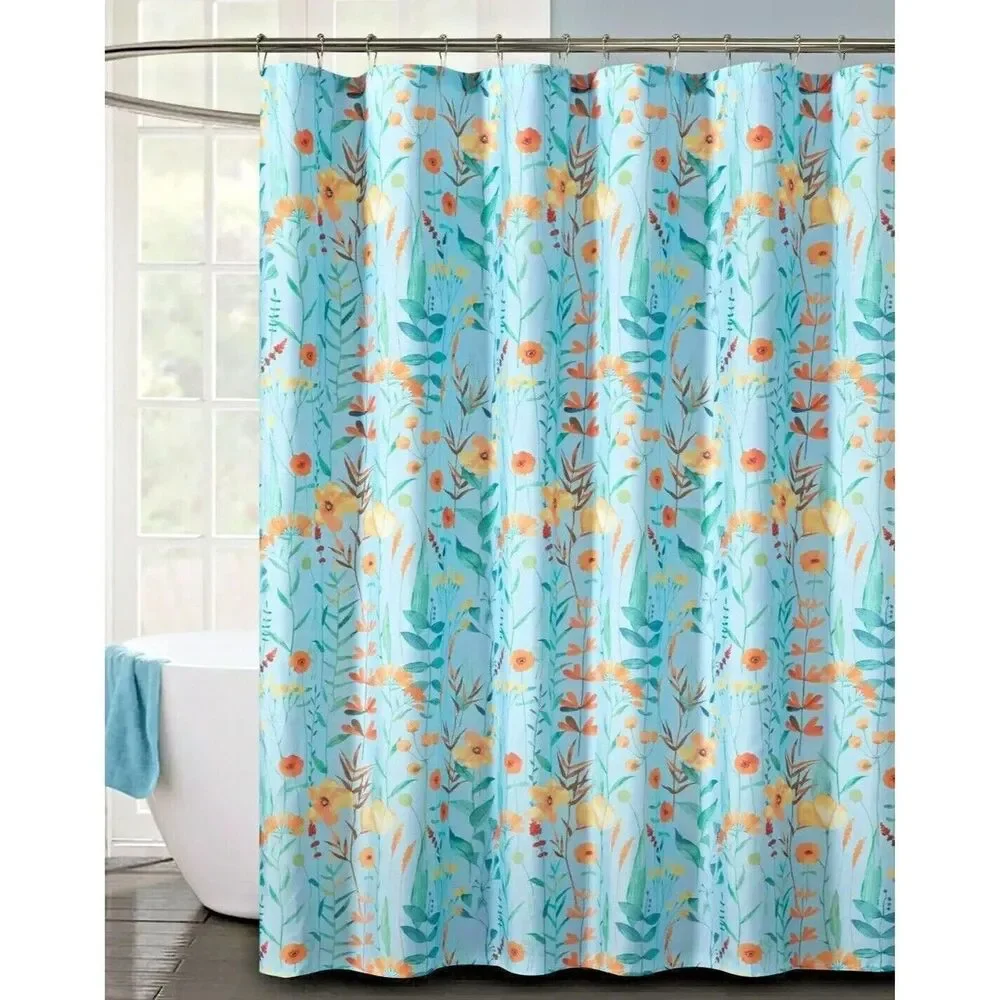 Wildflowers Fabric Shower Curtain Yellow Orange Poppies Blue Floral Bath Gift